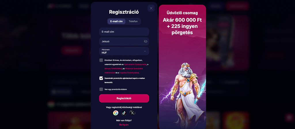 Regisztráció, üdvözlő csomag, online casino
