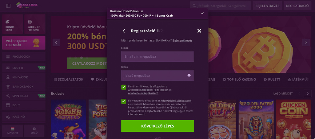 Így regisztrálj a Malina kaszinó felületére 5 lépésben