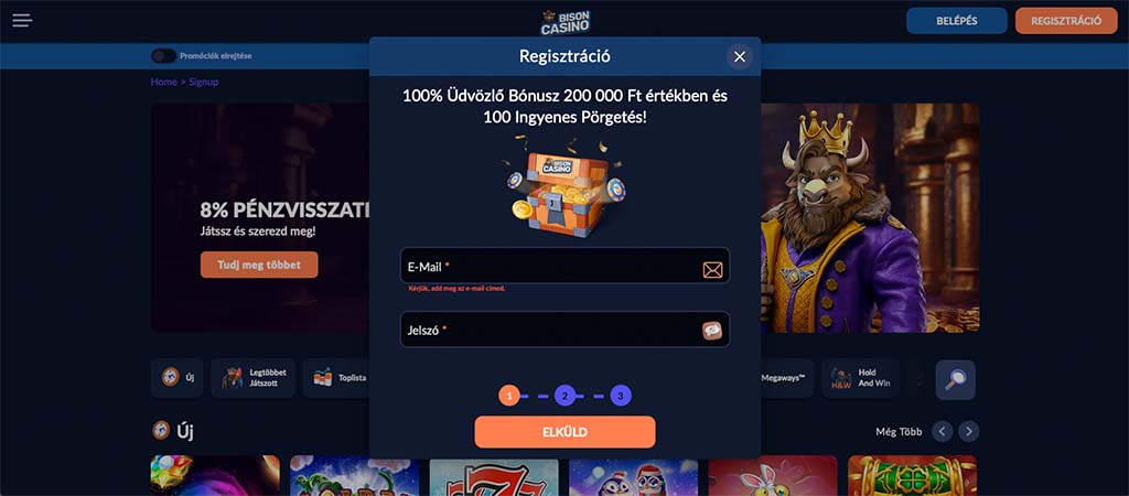 regisztráció, online kaszinó, bison casino